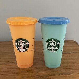 Bundle of 2 Starbucks Reusable Orange & Blue Cold Drink Tumblers Cups EUC